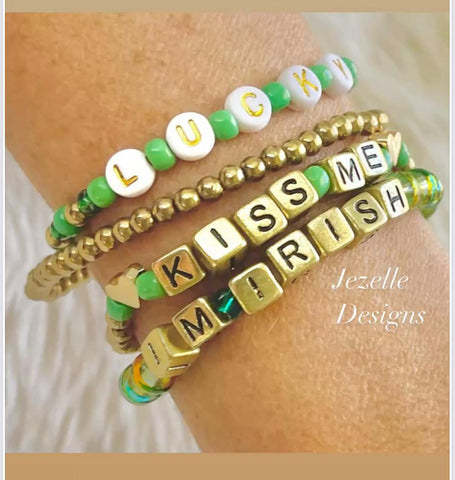 Image of St. Patrick's day Themed Custom Bracelets, Kiss Me I'm Irish, Lucky, St. Paddy's Day Green, Jewelry, Personalized Beaded Stretchy Bracelets