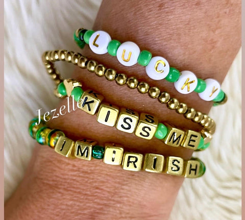 Image of St. Patrick's day Themed Custom Bracelets, Kiss Me I'm Irish, Lucky, St. Paddy's Day Green, Jewelry, Personalized Beaded Stretchy Bracelets