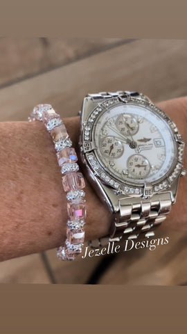 Image of Custom Bling Bracelets, Women’s Jewelry, Pink Silver Crystal Bracelets, Pink AB Iridescent Rhinestones with Silver Crystal Beading