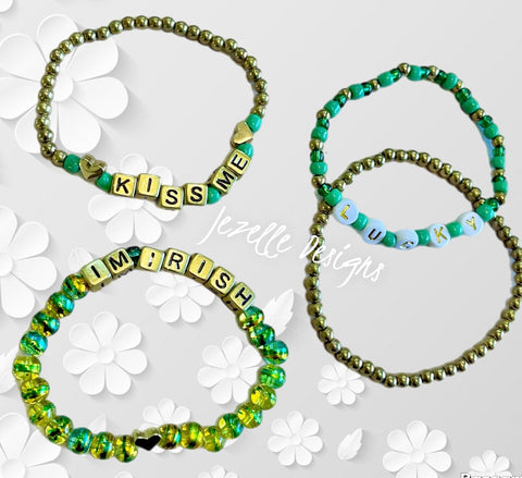 Image of St. Patrick's day Themed Custom Bracelets, Kiss Me I'm Irish, Lucky, St. Paddy's Day Green, Jewelry, Personalized Beaded Stretchy Bracelets