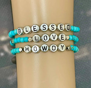 Custom Turquoise Beaded Bracelets, Western Theme Jewelry, Personalized Jewelry, Custom Wording HOWDY BLESSED LOVE and more