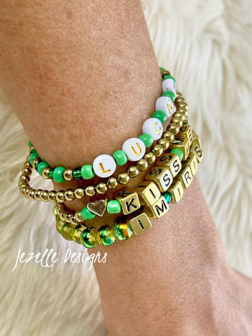 Image of St. Patrick's day Themed Custom Bracelets, Kiss Me I'm Irish, Lucky, St. Paddy's Day Green, Jewelry, Personalized Beaded Stretchy Bracelets