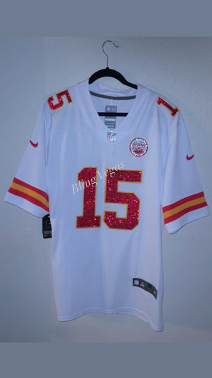 Custom Crystal KC CHIEFS Mahomes Kelce Jerseys DEPOSIT.  Rhinestone Bling Sports Jersey (Pics are examples) *Please Read Full Description