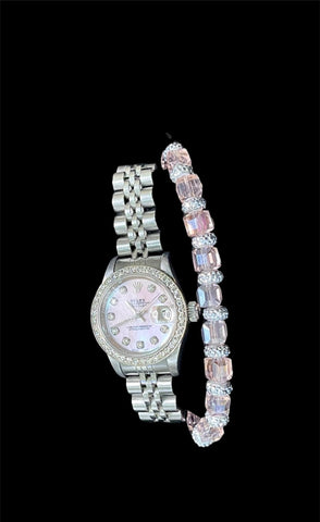 Image of Custom Bling Bracelets, Women’s Jewelry, Pink Silver Crystal Bracelets, Pink AB Iridescent Rhinestones with Silver Crystal Beading