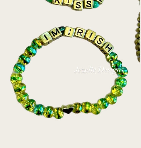 Image of St. Patrick's day Themed Custom Bracelets, Kiss Me I'm Irish, Lucky, St. Paddy's Day Green, Jewelry, Personalized Beaded Stretchy Bracelets