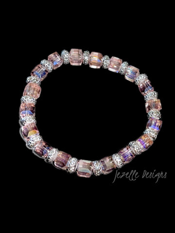 Image of Custom Bling Bracelets, Women’s Jewelry, Pink Silver Crystal Bracelets, Pink AB Iridescent Rhinestones with Silver Crystal Beading