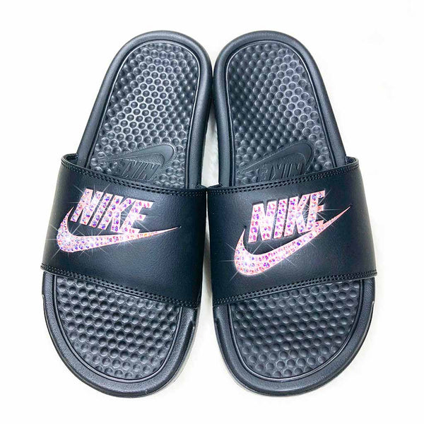 Bling Black Rose Gold Logo Benassi Nike Slides Jezelle